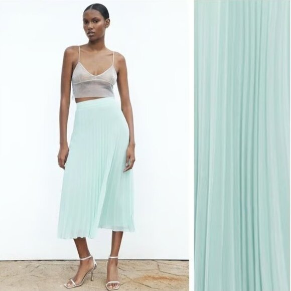 Zara Sea Green High-Waist Pleated Midi Skirt. Size S 3564/109/952 - Picture 1 of 7